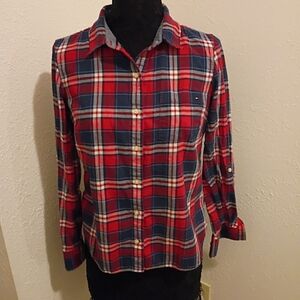 Tommy Hilfiger Men's Red and Blue Plaid Shirt